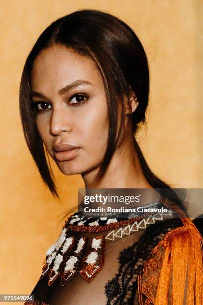 Joan Smalls is seen backstage ahead of the Alberta Ferretti show during Milan Men's Fashion Week Spring/Summer 2019 on June 15, 2018 in Milan, Italy.