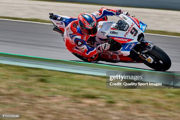 Danilo Petrucci of Italy and Alma Pramac Racing rides during free practice for the MotoGP of Catalunya at Circuit de Catalunya on June 15, 2018 in...