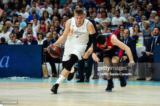 Luka Doncic, #7 guard of Real Madrid during the Liga Endesa game between Real Madrid and Kirolbet Baskonia at Wizink Center on June 15, 2018 in...