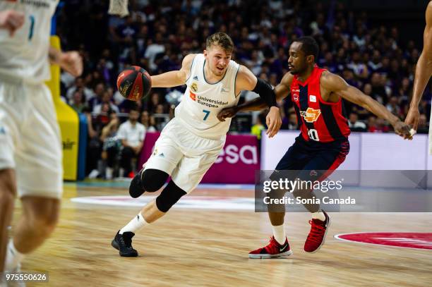 Luka Doncic, #7 guard of Real Madrid during the Liga Endesa game between Real Madrid and Kirolbet Baskonia at Wizink Center on June 15, 2018 in...