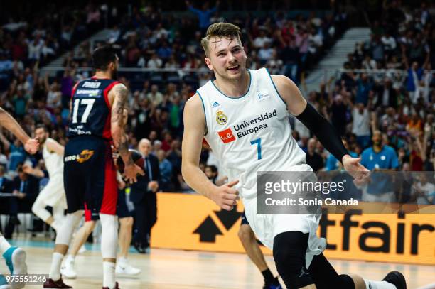 Luka Doncic, #7 guard of Real Madrid during the Liga Endesa game between Real Madrid and Kirolbet Baskonia at Wizink Center on June 15, 2018 in...