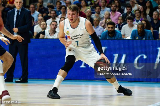 Luka Doncic, #7 guard of Real Madrid during the Liga Endesa game between Real Madrid and Kirolbet Baskonia at Wizink Center on June 15, 2018 in...