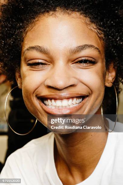 Theresa Hayes is seen backstage ahead of the Alberta Ferretti show during Milan Men's Fashion Week Spring/Summer 2019 on June 15, 2018 in Milan,...