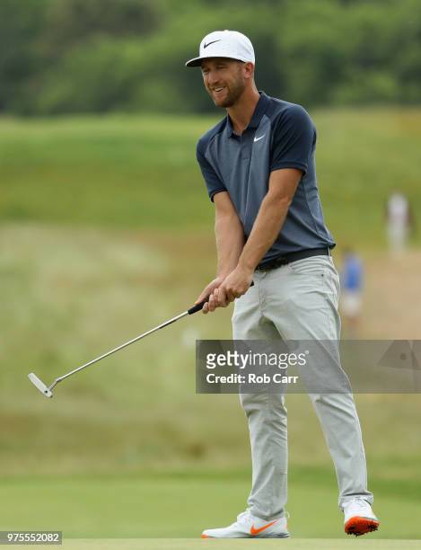 Kevin Chappell of the United States reacts to a putt on on the third green during the second round of the 2018 U.S. Open at Shinnecock Hills Golf...