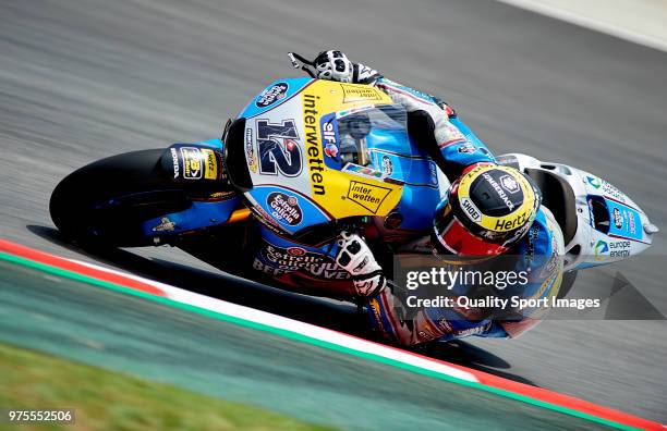 Thomas Luthi of Switzerland and Team EG 0,0 Marc VDS rounds the bend during free practice for the MotoGP of Catalunya at Circuit de Catalunya on June...