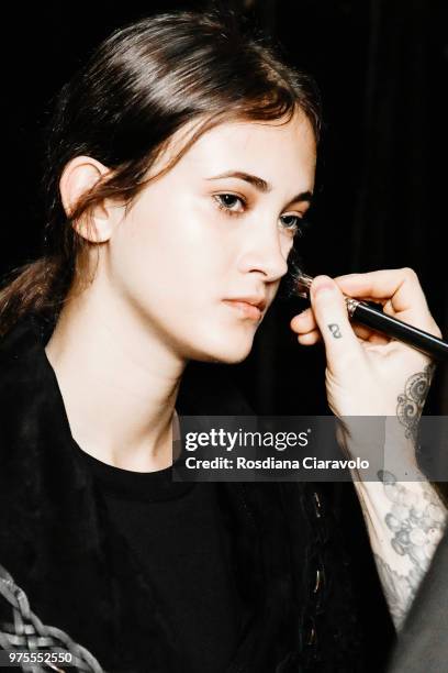 Greta Varlese is seen backstage ahead of the Alberta Ferretti show during Milan Men's Fashion Week Spring/Summer 2019 on June 15, 2018 in Milan,...