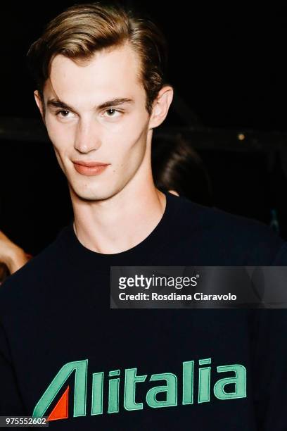 Model is seen backstage ahead of the Alberta Ferretti show during Milan Men's Fashion Week Spring/Summer 2019 on June 15, 2018 in Milan, Italy.