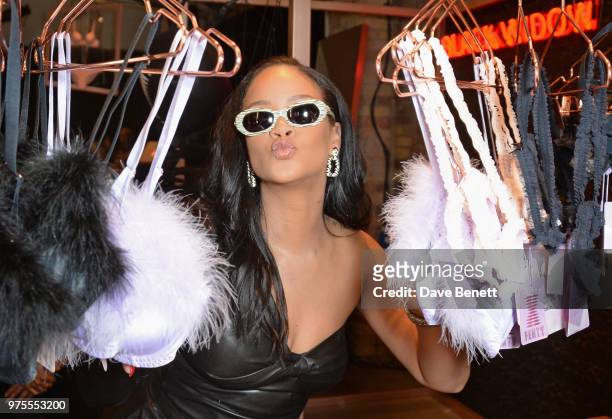 Rihanna attends the Savage X Fenty London pop-up shop in Shoreditch on June 15, 2018 in London, England.