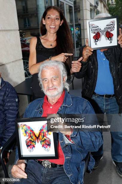 Actor Jean-Paul Belmondo, his daughter Charlotte Joly and his brother Alain Belmondo attend the "Street Art butterflies" by Charlotte Joly,...