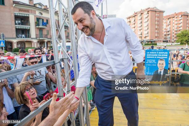 Matteo Salvini, the Deputy Prime Minister of Italy and Minister of the Interior in Orbassano near Turin, Italy, on 15 June 2018 to support the...