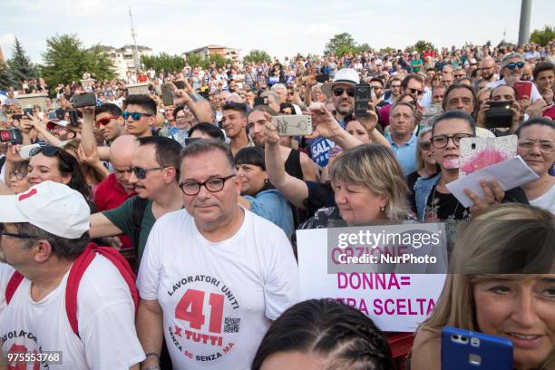 Supporters attend Matteo Salvini, the Deputy Prime Minister of Italy and Minister of the Interior speaks in Orbassano near Turin, Italy, on 15 June...