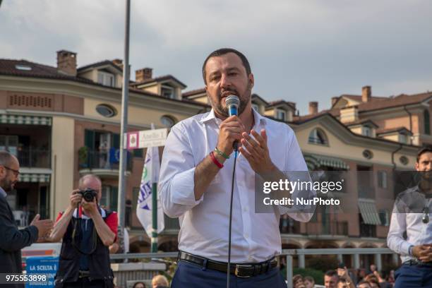 Matteo Salvini, the Deputy Prime Minister of Italy and Minister of the Interior speaks in Orbassano near Turin, Italy, on 15 June 2018 to support the...