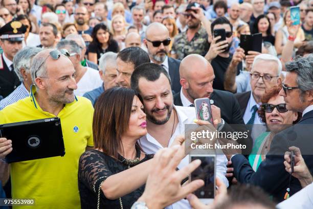 Matteo Salvini, the Deputy Prime Minister of Italy and Minister of the Interior takes a selfie with his fan in Orbassano near Turin, Italy, on 15...