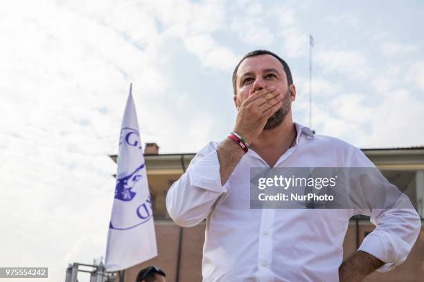 Matteo Salvini, the Deputy Prime Minister of Italy and Minister of the Interior speaks in Orbassano near Turin, Italy, on 15 June 2018 to support the...