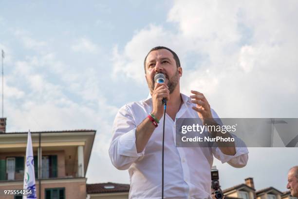 Matteo Salvini, the Deputy Prime Minister of Italy and Minister of the Interior speaks in Orbassano near Turin, Italy, on 15 June 2018 to support the...