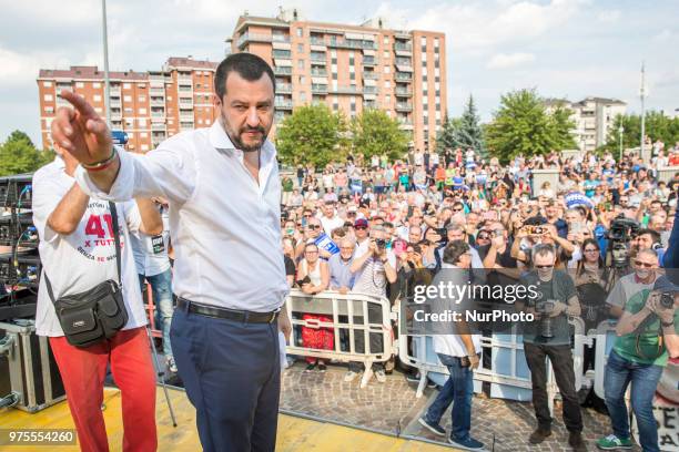 Matteo Salvini, the Deputy Prime Minister of Italy and Minister of the Interior speaks in Orbassano near Turin, Italy, on 15 June 2018 to support the...