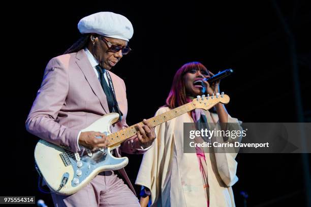 Nile Rogers and Folami Ankoanda-Thompson of Chic perform onstage during Belsonic Festival at Ormeau Park on June 15, 2018 in Belfast, Northern...