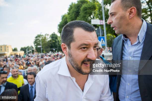 Matteo Salvini, the Deputy Prime Minister of Italy and Minister of the Interior speaks in Orbassano near Turin, Italy, on 15 June 2018 to support the...