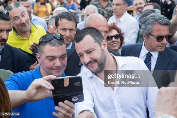 Matteo Salvini, the Deputy Prime Minister of Italy and Minister of the Interior takes a selfie with his supporter in Orbassano near Turin, Italy, on...