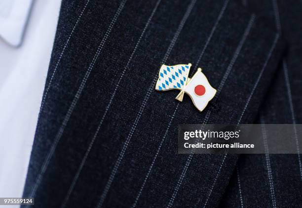 June 2018, Germany, Munich: A visitor of the award ceremony of the Bavarian State Medal for Social Meorit wearing a pin withthe Japanese and Bavarian...