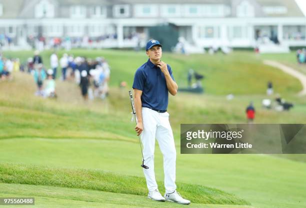 Jordan Spieth of the United States reacts on the 14th hole during the second round of the 2018 U.S. Open at Shinnecock Hills Golf Club on June 15,...