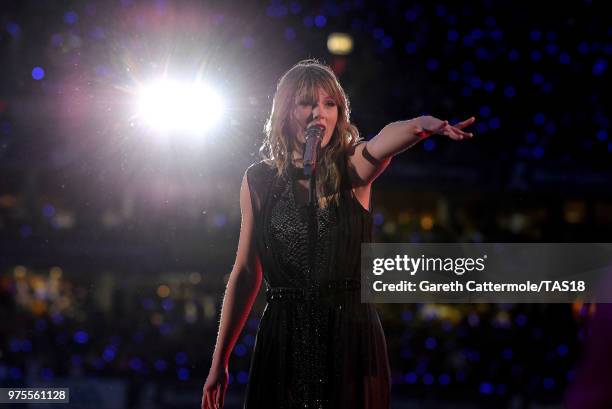 Taylor Swift performs on stage during her reputation Stadium Tour at Croke Park on June 15, 2018 in Dublin, Ireland.