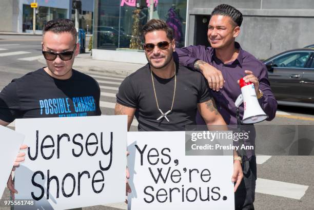 Mike The Situation, Ronnie Ortiz-Magro and Pauly D attend MTV's "Jersey Shore" Cast Photo Op on June 15, 2018 in West Hollywood, California.
