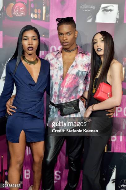 Kiara Xia, Tarik Boom and Lea Arzola attend MAC Cosmetics Aaliyah Launch Party on June 14, 2018 in Hollywood, California.