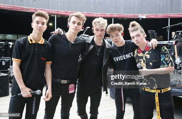 Daniel Seavey, Jonah Marias, Corbyn Besson, Zach Herron and Jack Avery of Why Don't We pose backstage during 2018 BLI Summer Jam at Northwell Health...