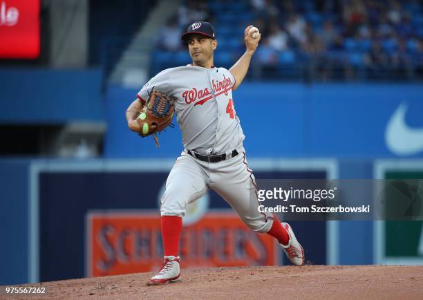 Gio Gonzalez of the Washington Nationals delivers a pitch in the first inning during MLB game action against the Toronto Blue Jays at Rogers Centre...