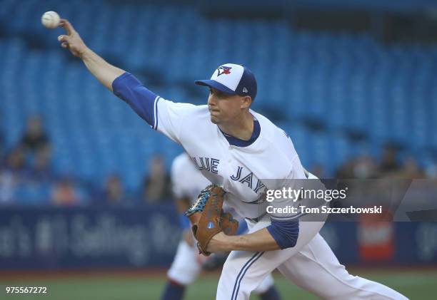 Aaron Sanchez of the Toronto Blue Jays delivers a pitch in the first inning during MLB game action against the Washington Nationals at Rogers Centre...