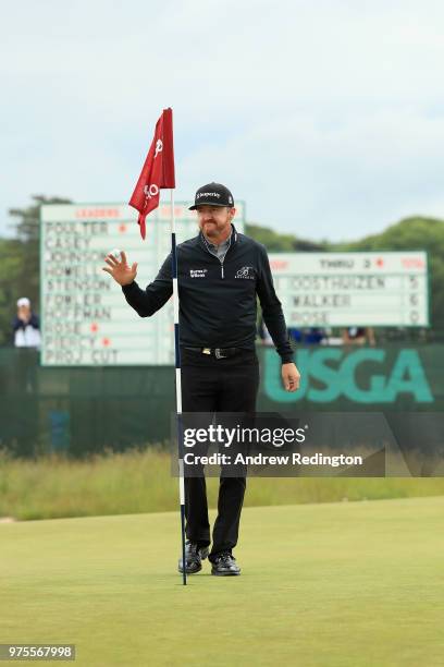 Jimmy Walker of the United States waves during the second round of the 2018 U.S. Open at Shinnecock Hills Golf Club on June 15, 2018 in Southampton,...