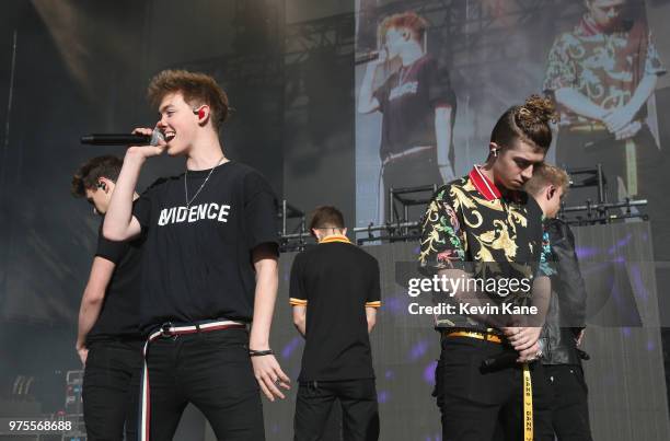 Jonah Marias, Zach Herron, Daniel Seavey, Jack Avery and Corbyn Besson of Why Don't We performs onstage during 2018 BLI Summer Jam at Northwell...