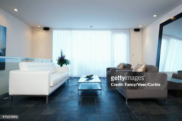 upscale living room - a woman modelling a trouser suit blends in with a matching background of floral print cushions stockfoto's en -beelden