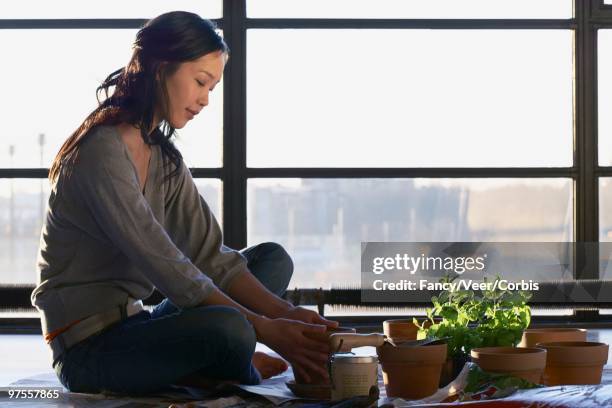 young woman with plants - fashion woman floor cross legged fotografías e imágenes de stock