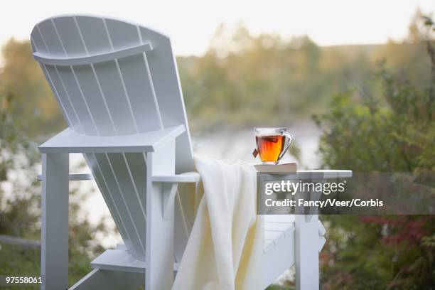 cup of tea on adirondack chair - adirondack chair stock pictures, royalty-free photos & images