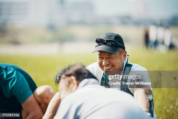 senior adults before or after doing sports - japanese old man stock-fotos und bilder