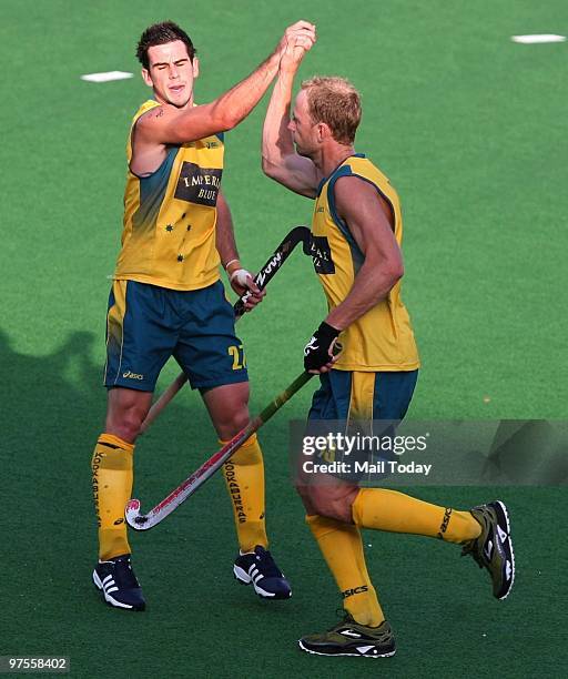 Action from the Australia Vs Spain Hockey world cup match at the Dhyan Chand national stadium in New Delhi on March 6, 2010.Australia beat Spain 2-0.