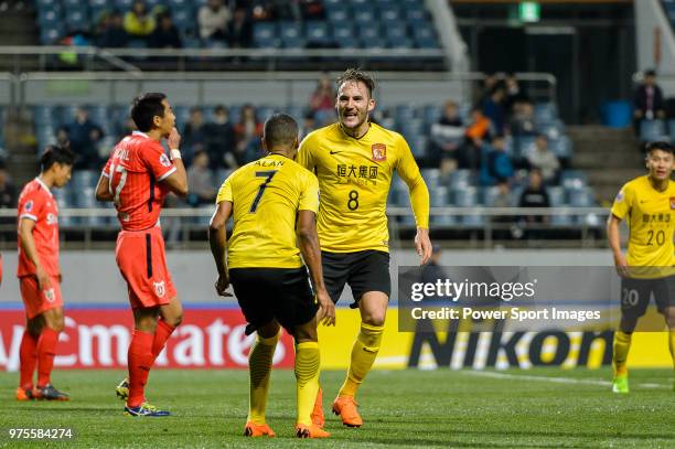 Guangzhou Midfielder Nemanja Gudelj celebrating his score with Guangzhou Forward Alan de Carvalho during the AFC Champions League 2018 Group Stage G...