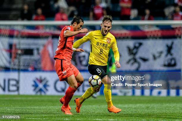 Guangzhou Midfielder Nemanja Gudelj in action against Jeju FC Midfielder Lee Chan-Dong during the AFC Champions League 2018 Group Stage G Match Day 4...