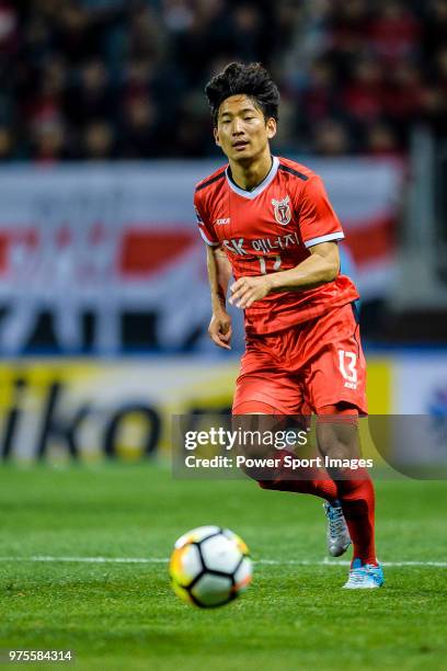 Jeju FC Defender Chung Woon in action during the AFC Champions League 2018 Group Stage G Match Day 4 between Jeju United and Guangzhou Evergrande at...