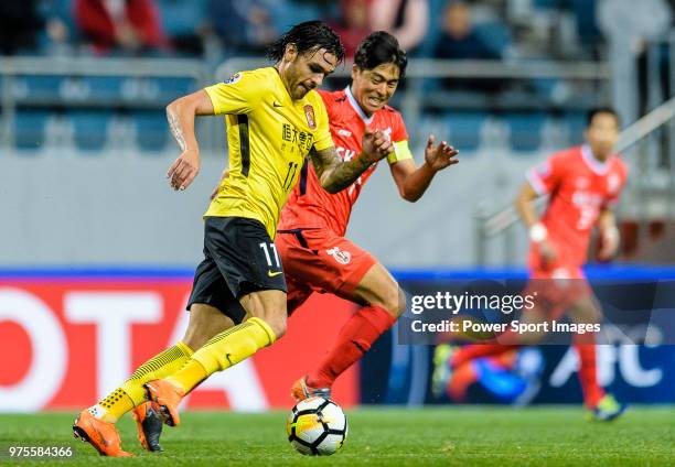 Guangzhou Forward Ricardo Goulart in action against Jeju FC Midfielder Kwon Soon-Hyung during the AFC Champions League 2018 Group Stage G Match Day 4...