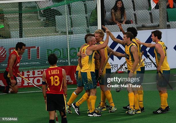 Action from the Australia Vs Spain Hockey world cup match at the Dhyan Chand national stadium in New Delhi on March 6, 2010.Australia beat Spain 2-0.