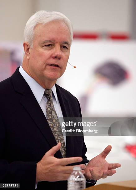 Mike Michels, vice president of communications for Toyota Motor Sales USA Inc., speaks at a news conference following a test of Toyota accelerator...