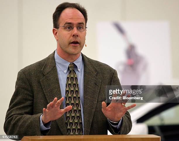 Chris Gerdes, professor of mechanical engineering at Stanford University, speaks at a news conference following a test of Toyota Motor Corp....