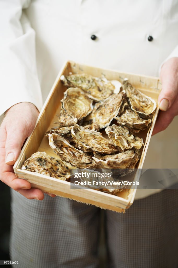 Chef holding box of oysters