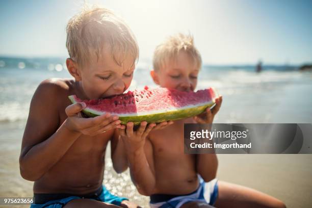 little brothers watermeloen te eten op het strand - meloen stockfoto's en -beelden