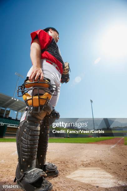 catcher standing at homeplate - shinguard fotografías e imágenes de stock