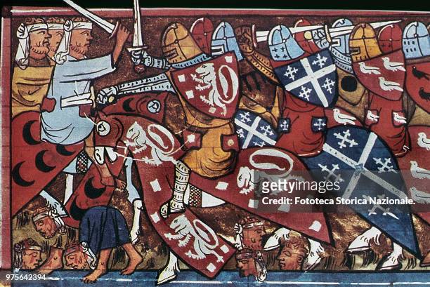 Battle scene between Crusaders and Muslims at the First Crusade led by Goffredo Count of Bouillon . Miniature from 'Roman de Godefroi de Bouillon',...