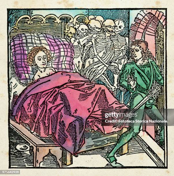 Young woman who represents the syphilis, watch the young lover while leaving the bed. Behind the skeletons of previous lovers dead. Medieval...